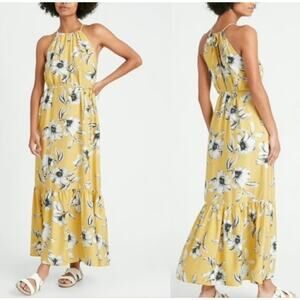 Banana Republic Yellow Floral Sleeveless Halter Maxi Dress Sz.10 Tall
